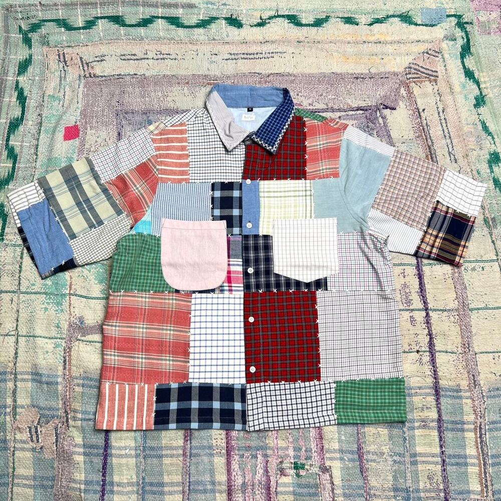 Custom Upcycled Patchwork shirt with sashiko hand stitching Medium